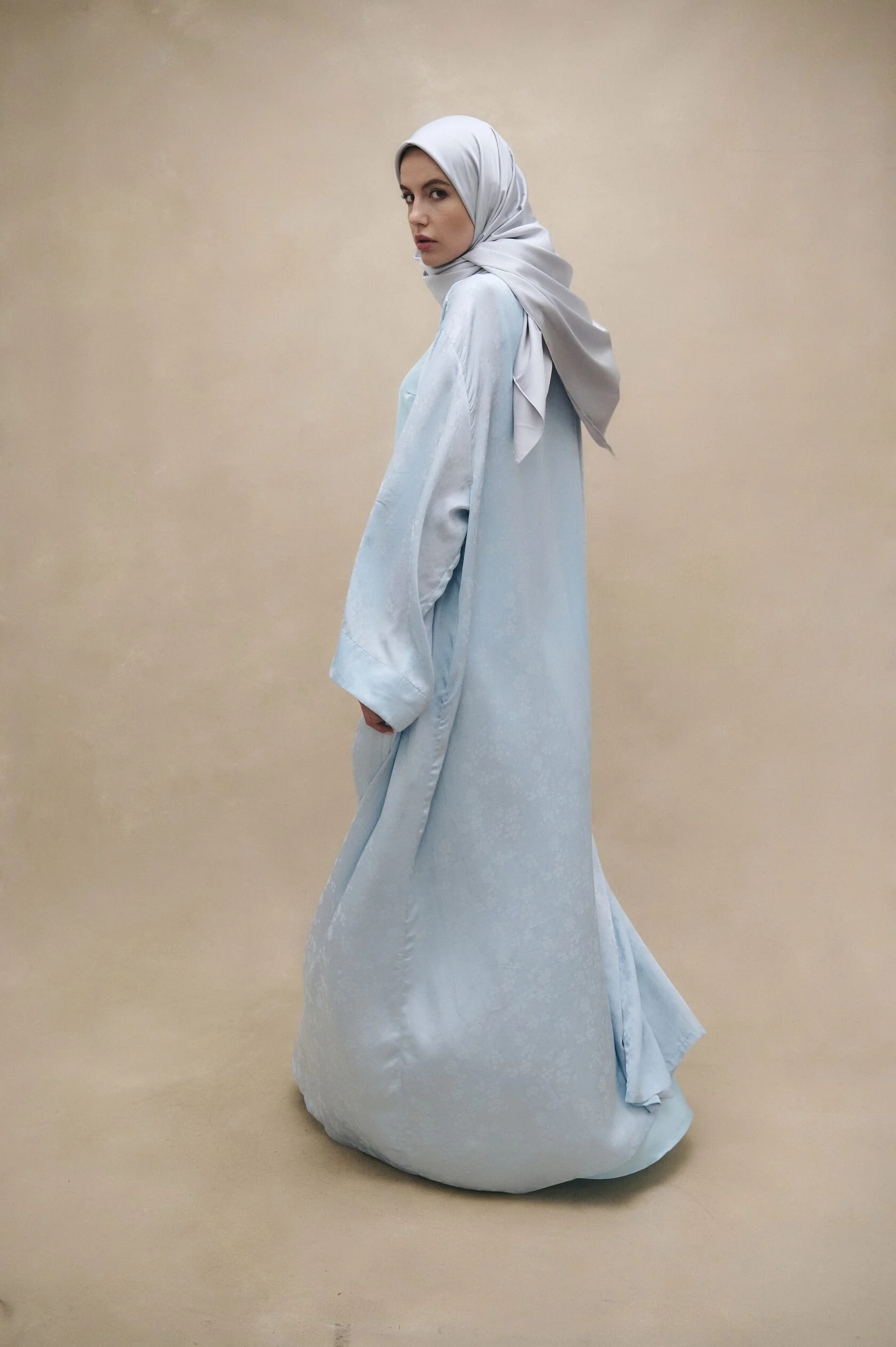 Powder Blue Satin Jacquard Abaya