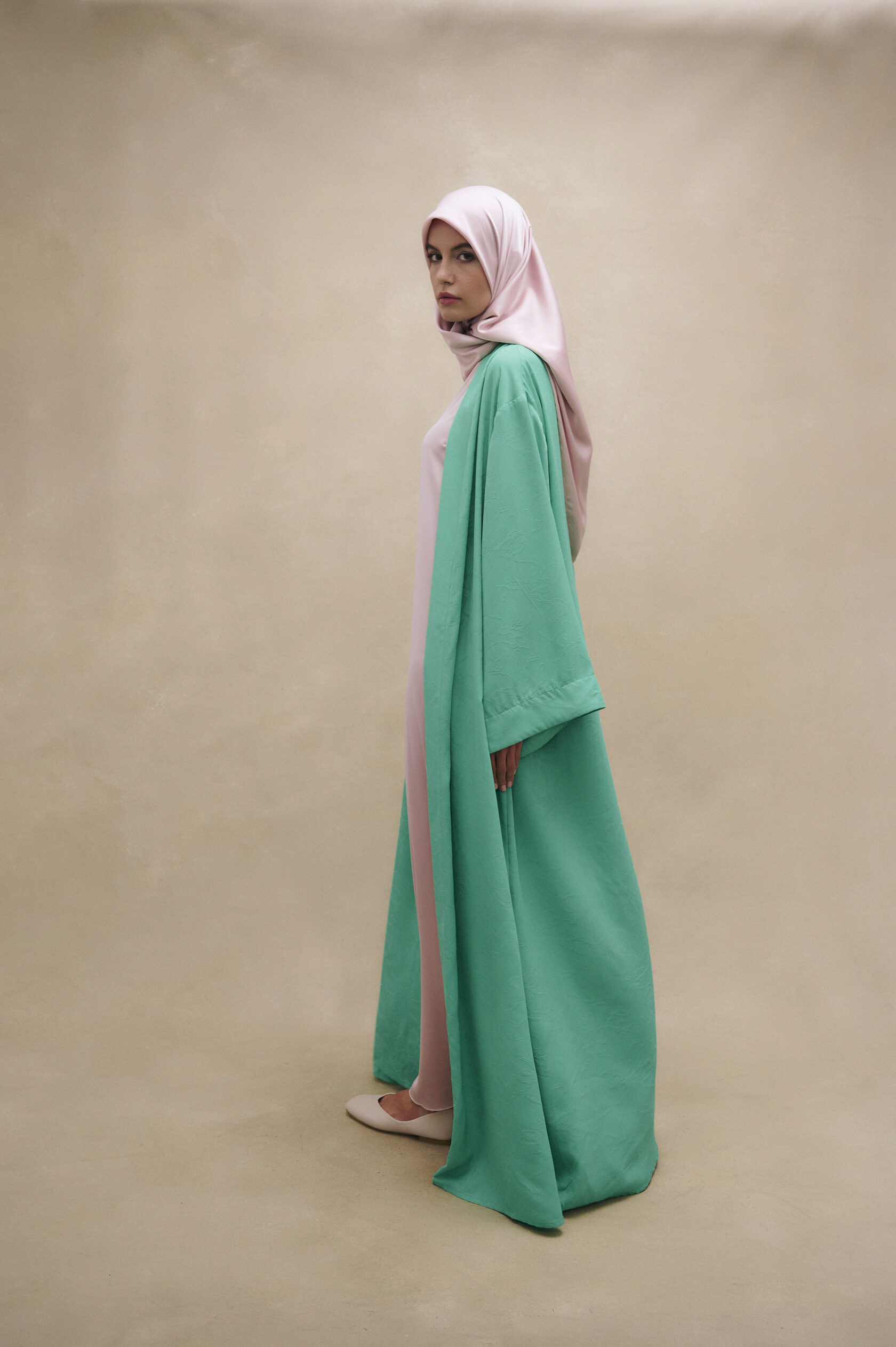 Mint Green & Blush Colour-Block Open Abaya Set