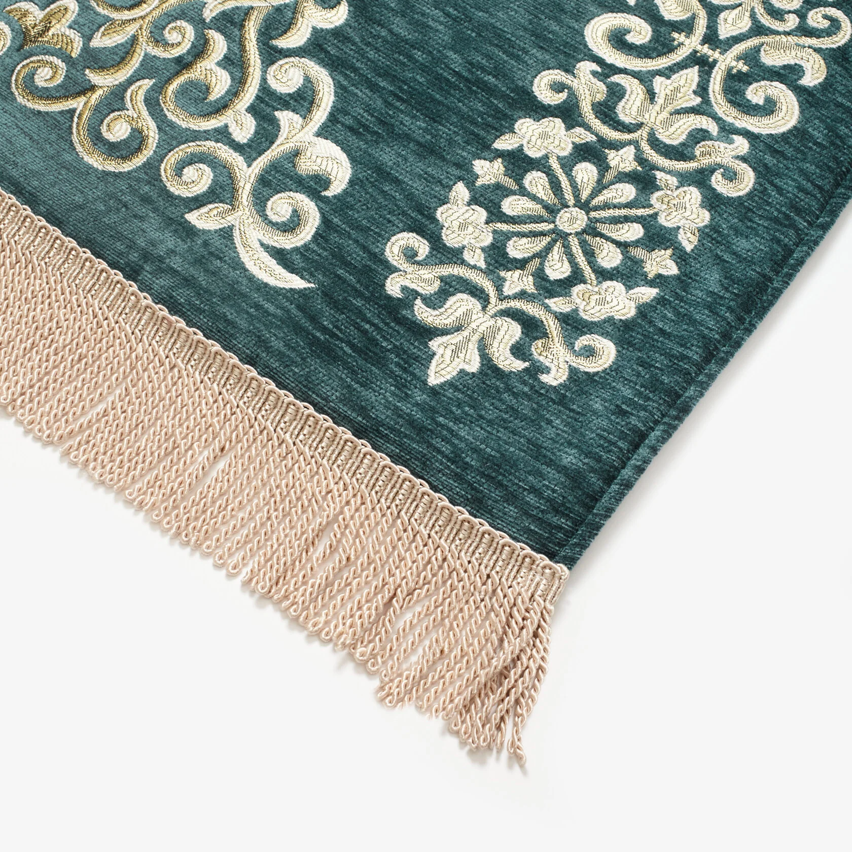Plush Prayer Rug – Gold Damask Medallion, Emerald Green