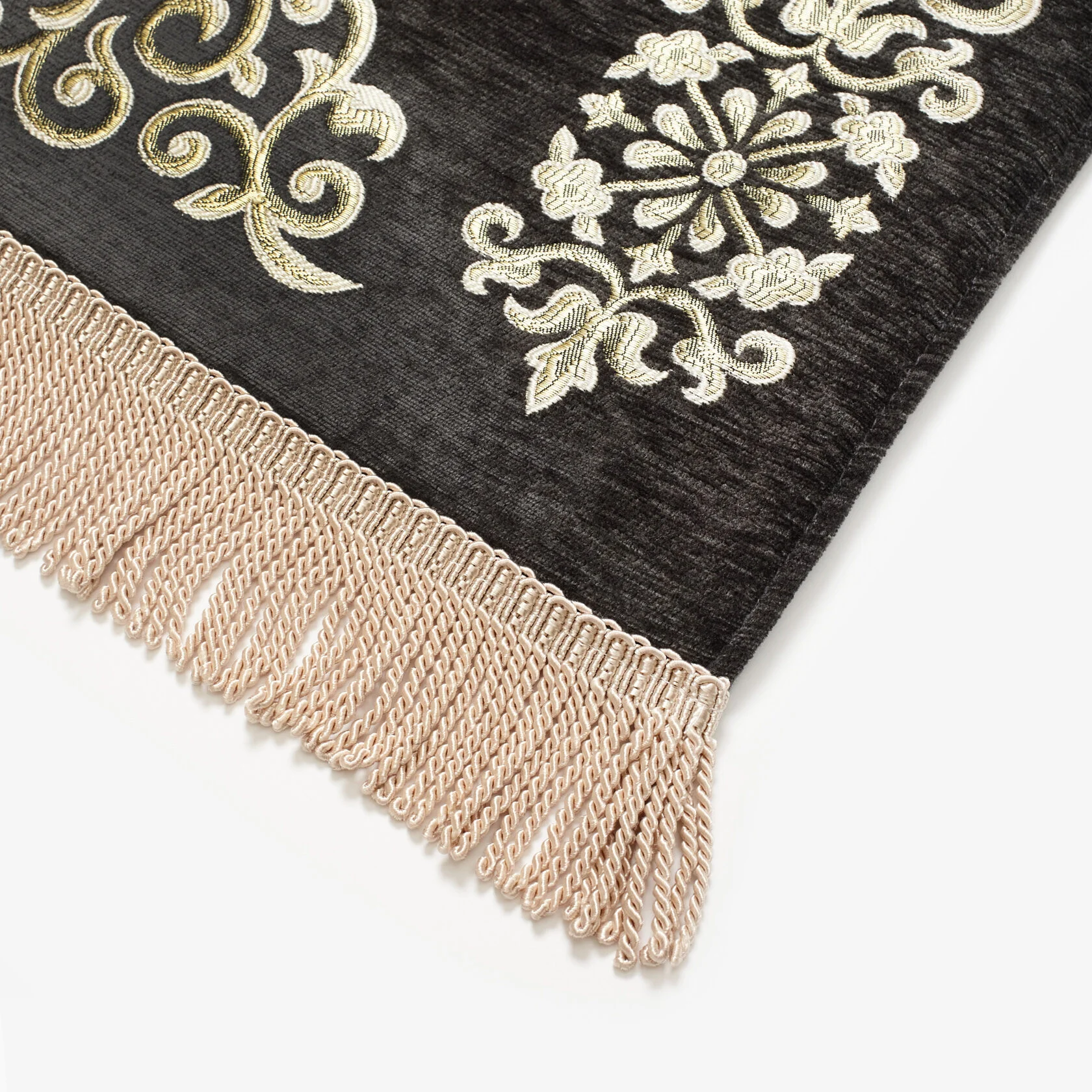 Plush Prayer Rug – Gold Damask Medallion, Charcoal Grey