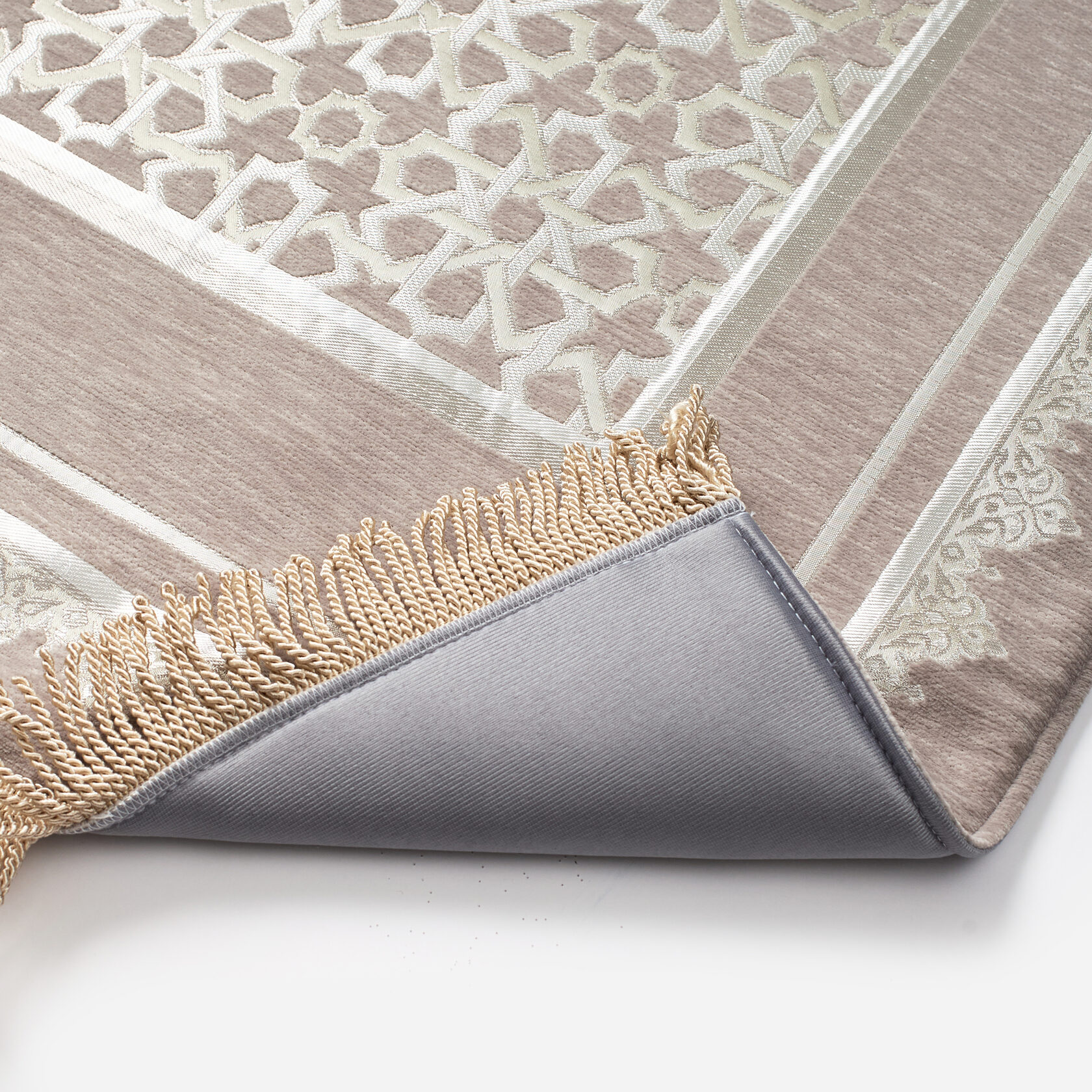Soft Prayer Rug – Geometric Star Border, Grey