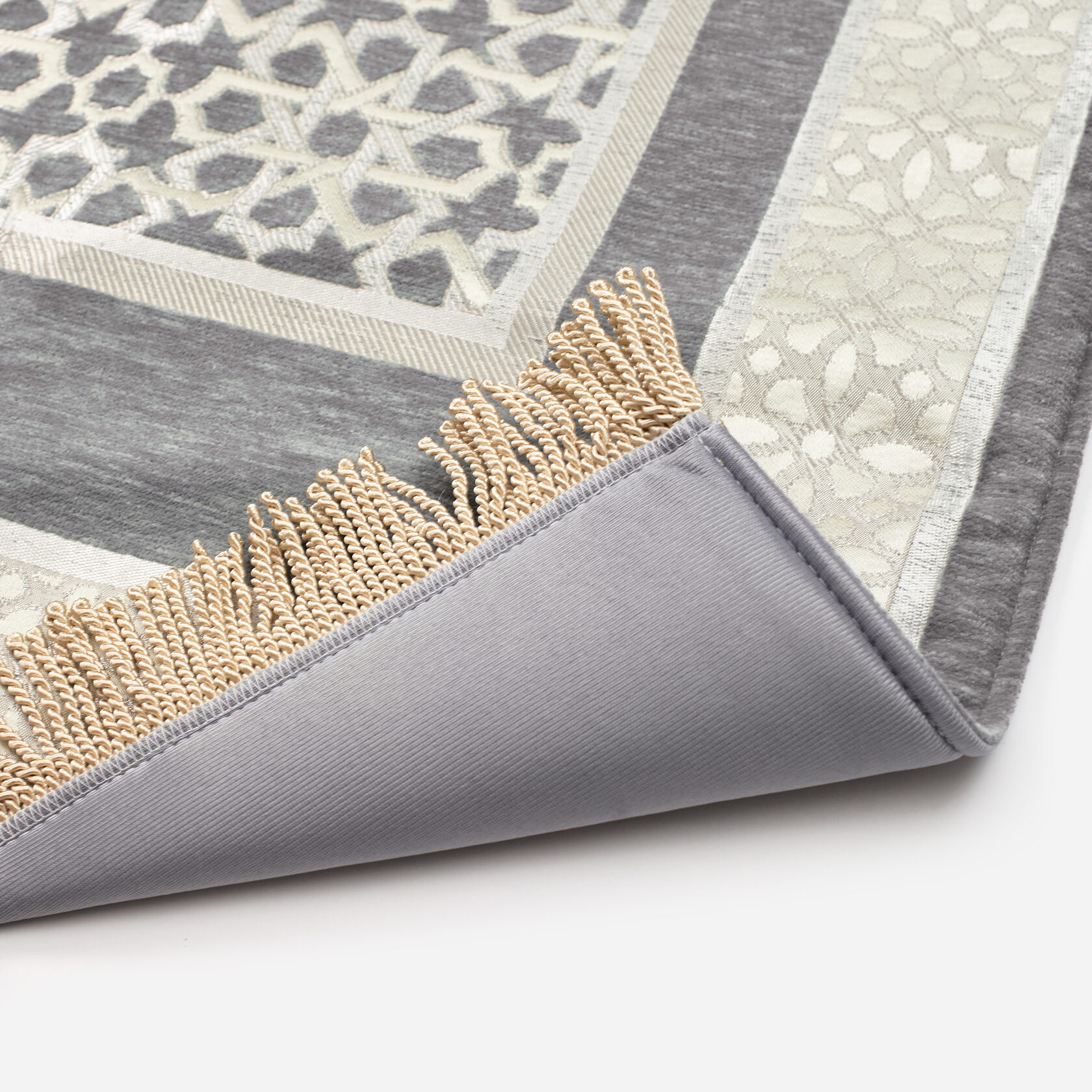 Soft Prayer Rug – Geometric Floral Border, Grey