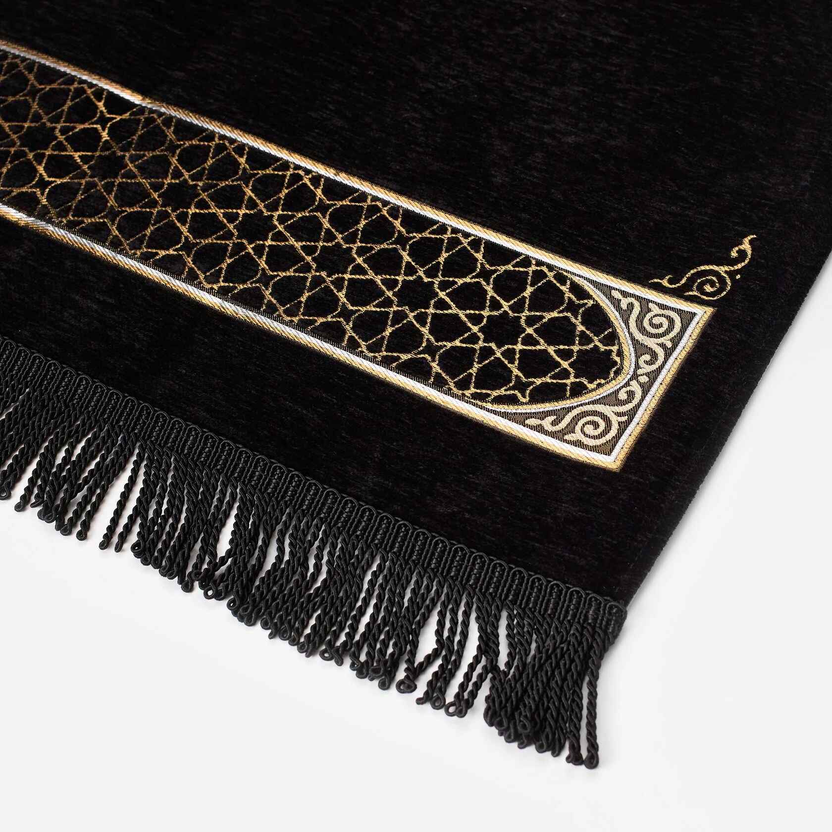 Velvet Prayer Rug – Gold Geometric Mihrab, Black