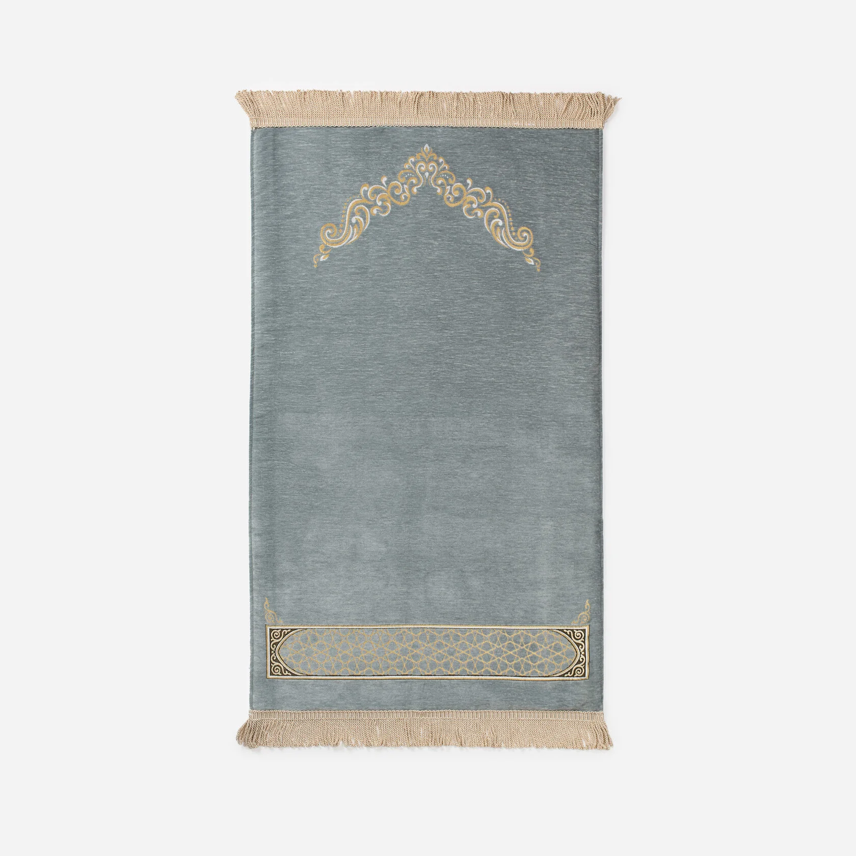 Soft Prayer Rug – Ornate Arch Crown, Pale Blue-Grey