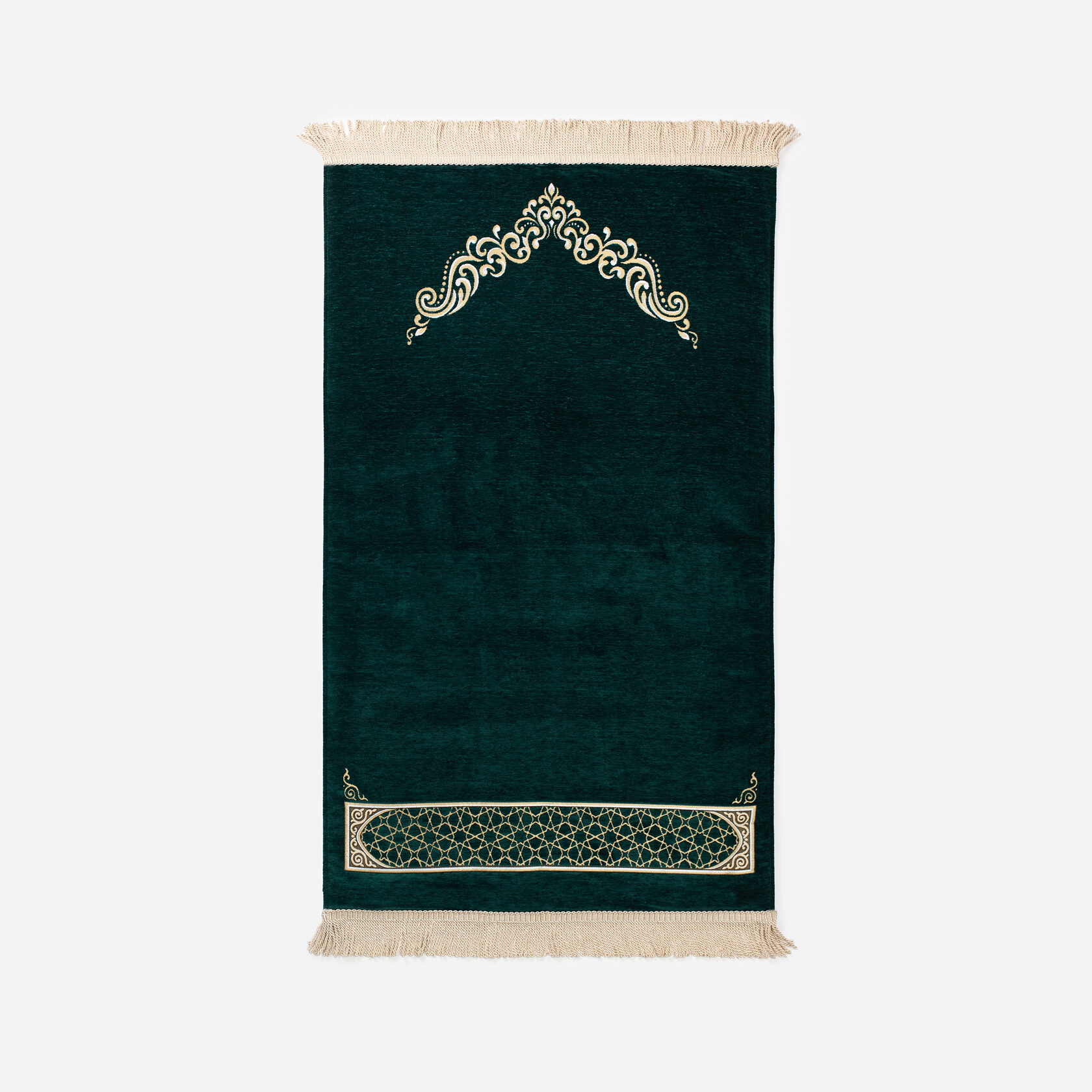 Velvet Prayer Rug – Ornate Arch Crown, Emerald Green
