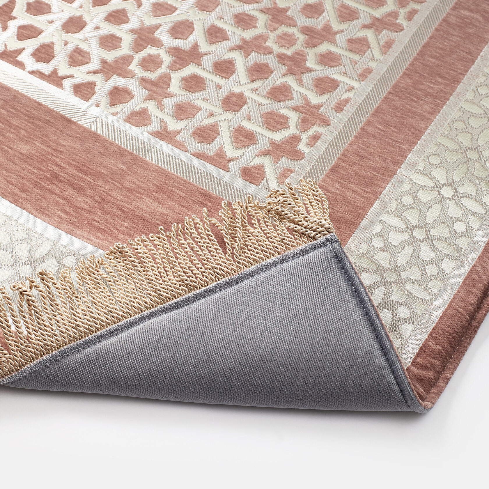 Soft Prayer Rug – Geometric Floral Border, Rose Pink