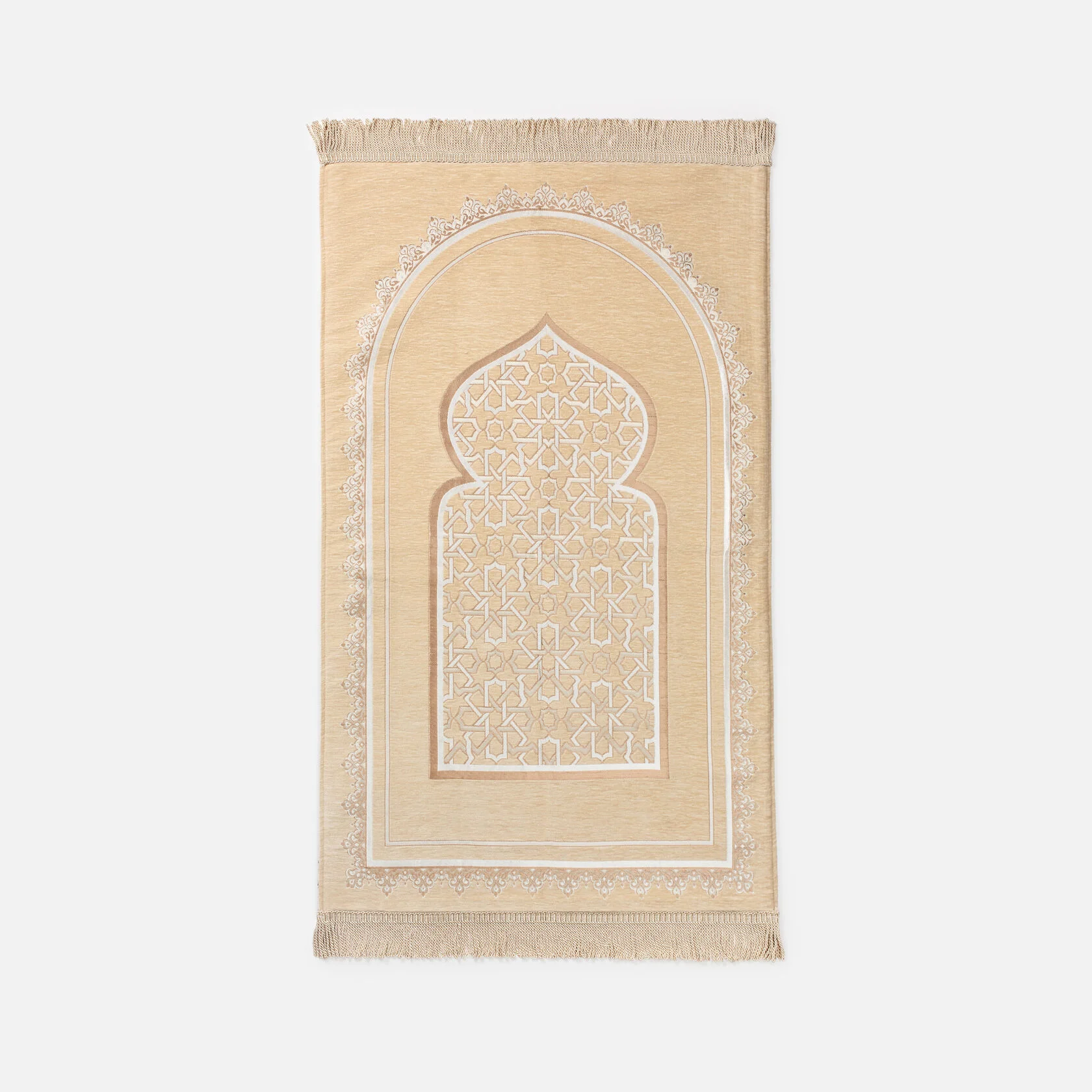 Soft Prayer Rug – Mihrab Arch, Sand Beige