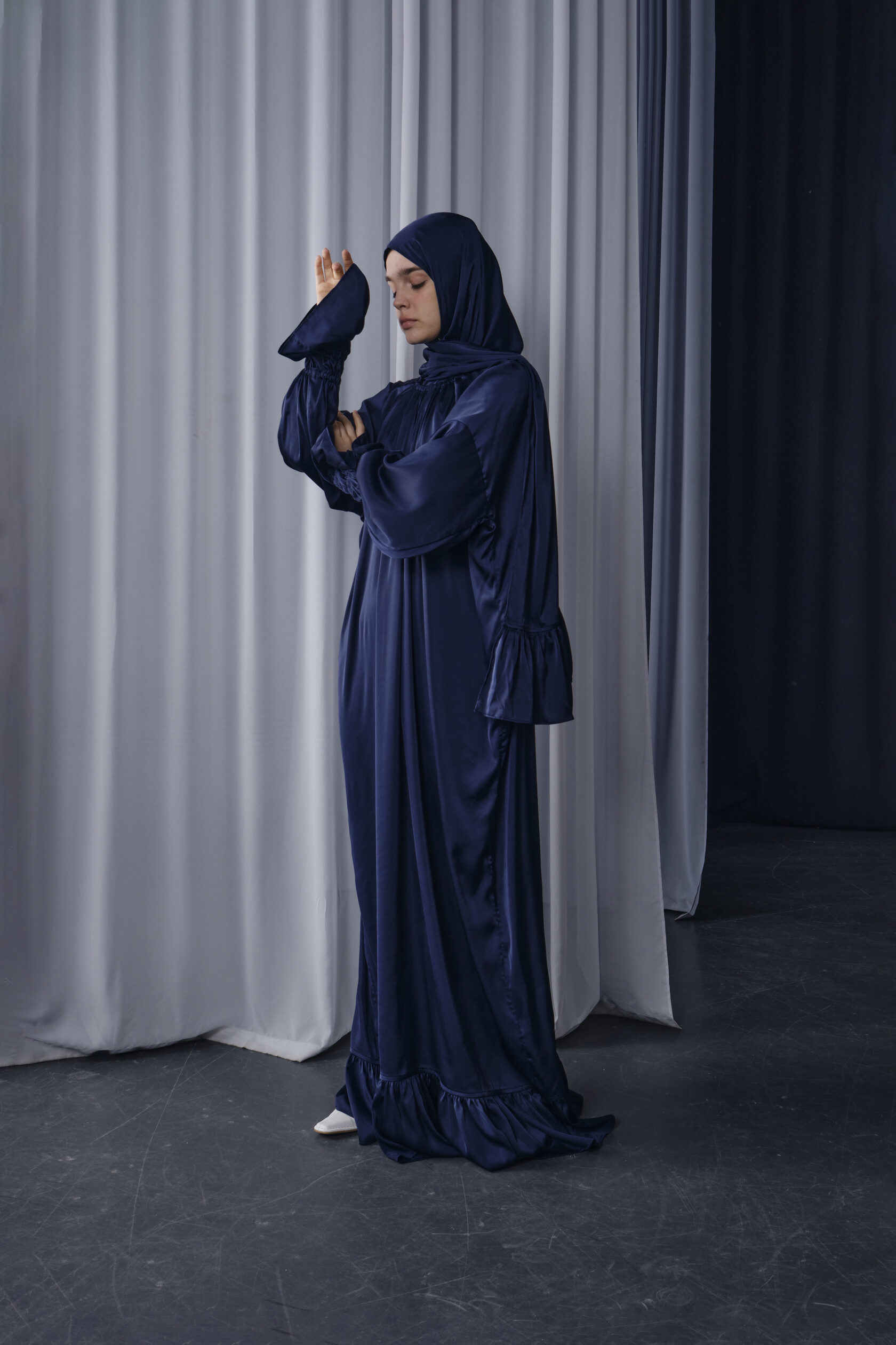 Navy Silk Maxi Dress with Ruffle Hem & Bell Sleeves