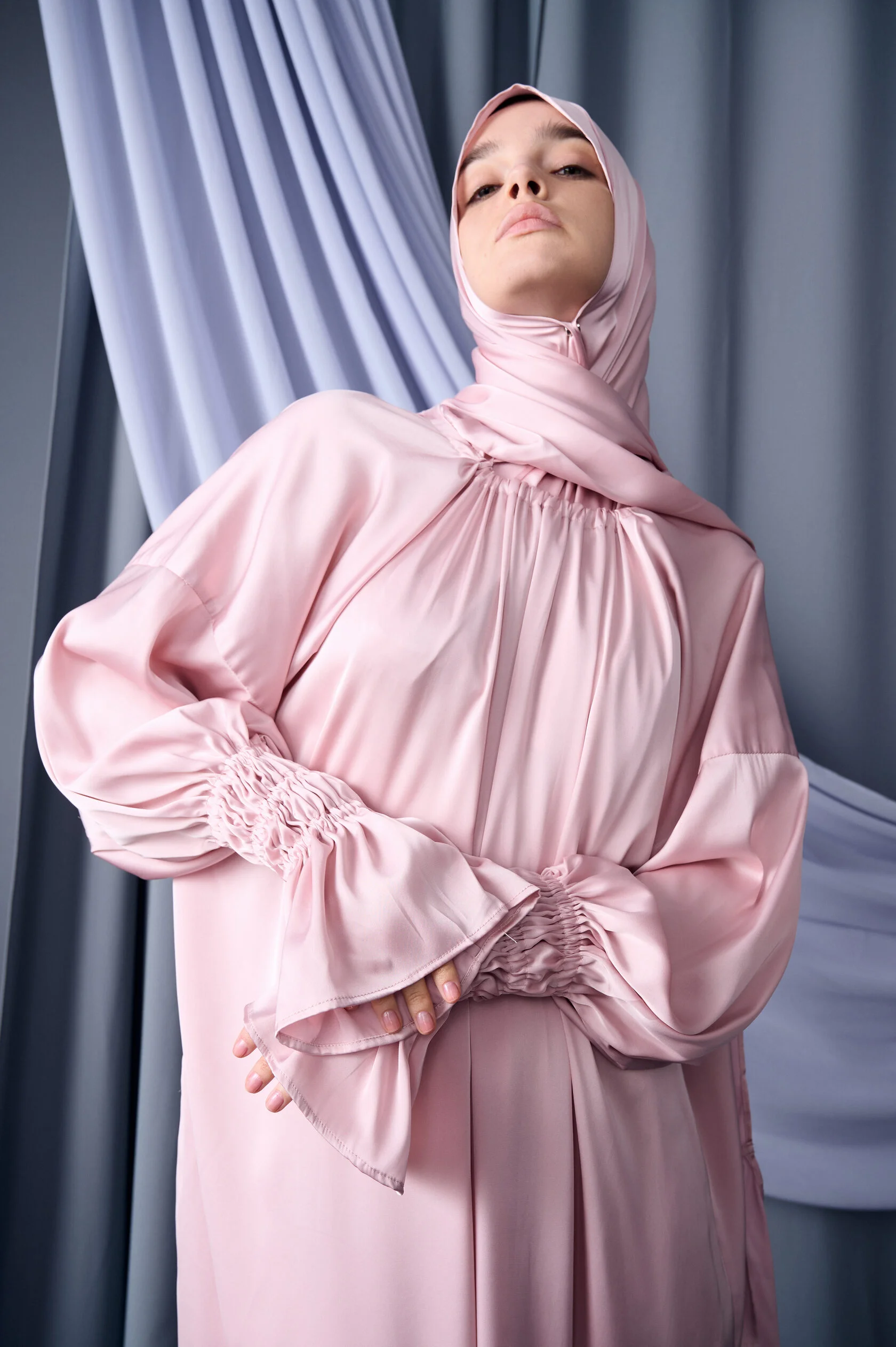 Rose Pink Silk Dress with Ruffled Bell Sleeves