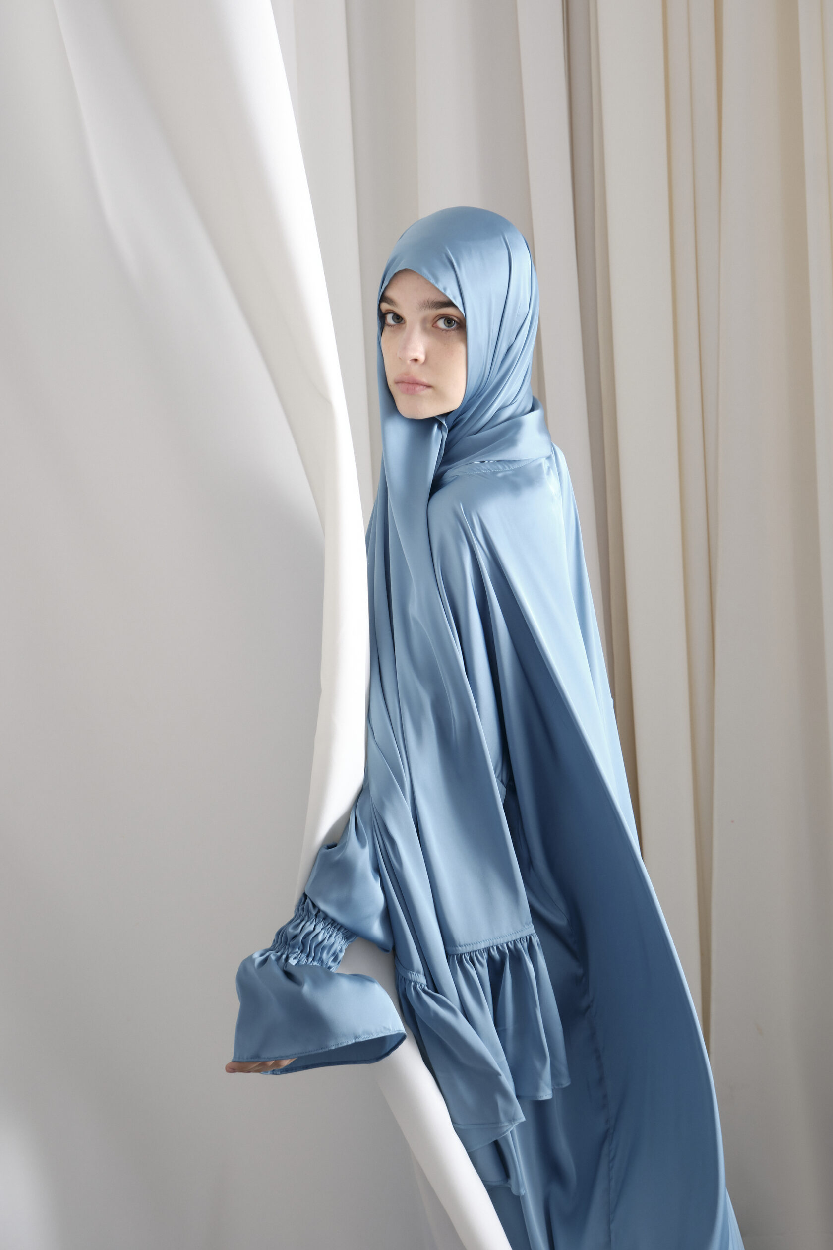 Dusty Blue Silk Prayer Dress with Ruffle Hem