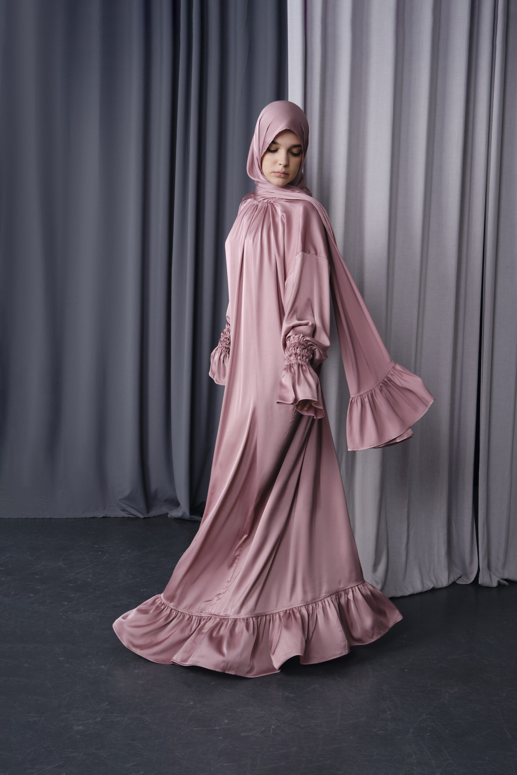 Dusty Rose Silk Maxi Dress with Tiered Ruffle Hem
