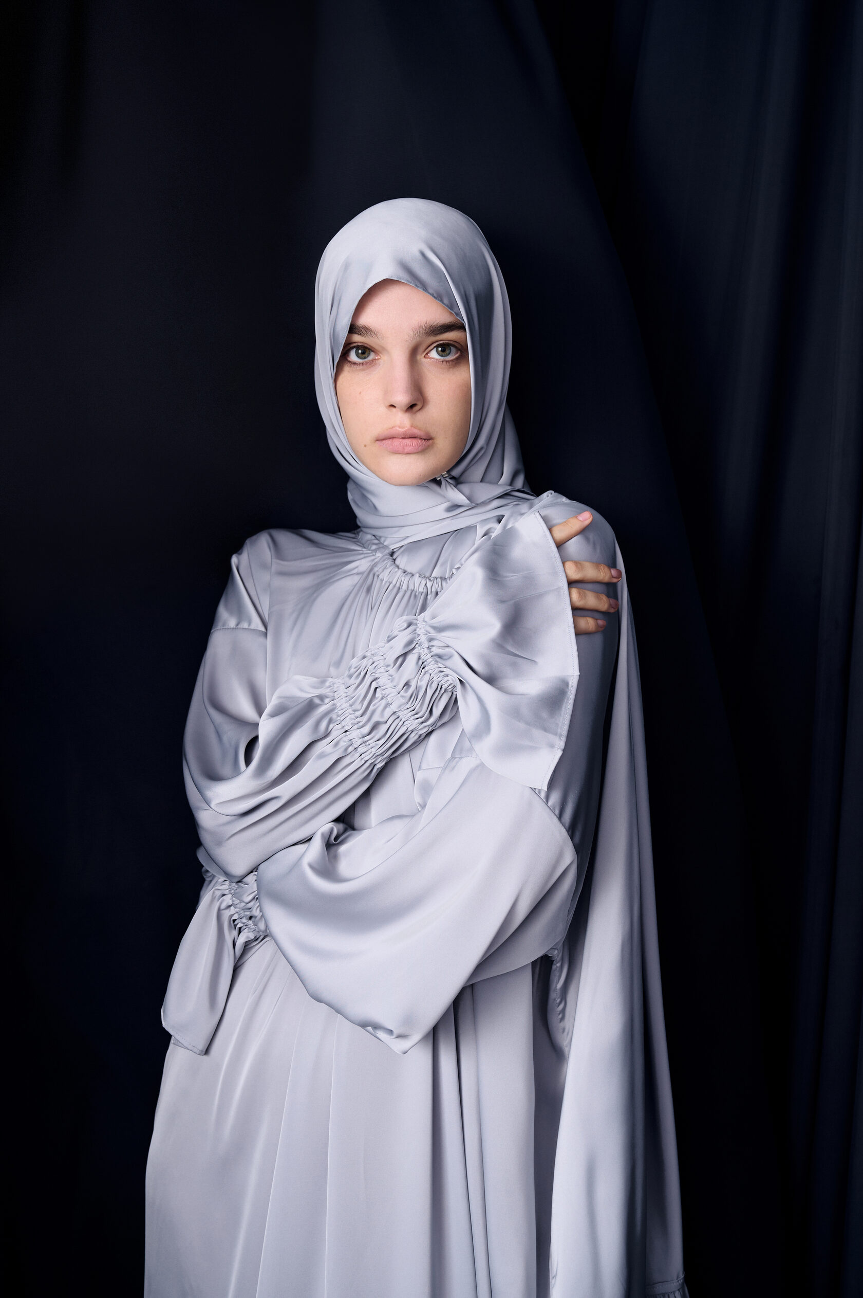 Dove Grey Silk Maxi Dress with Ruched Sleeves