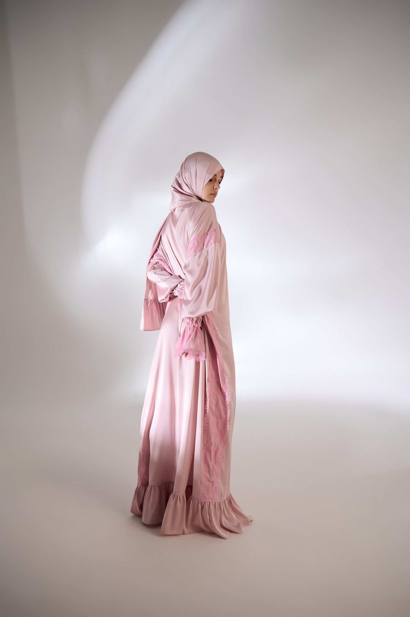 Rose Pink Silk Lace Maxi Dress with Ruffle Hem
