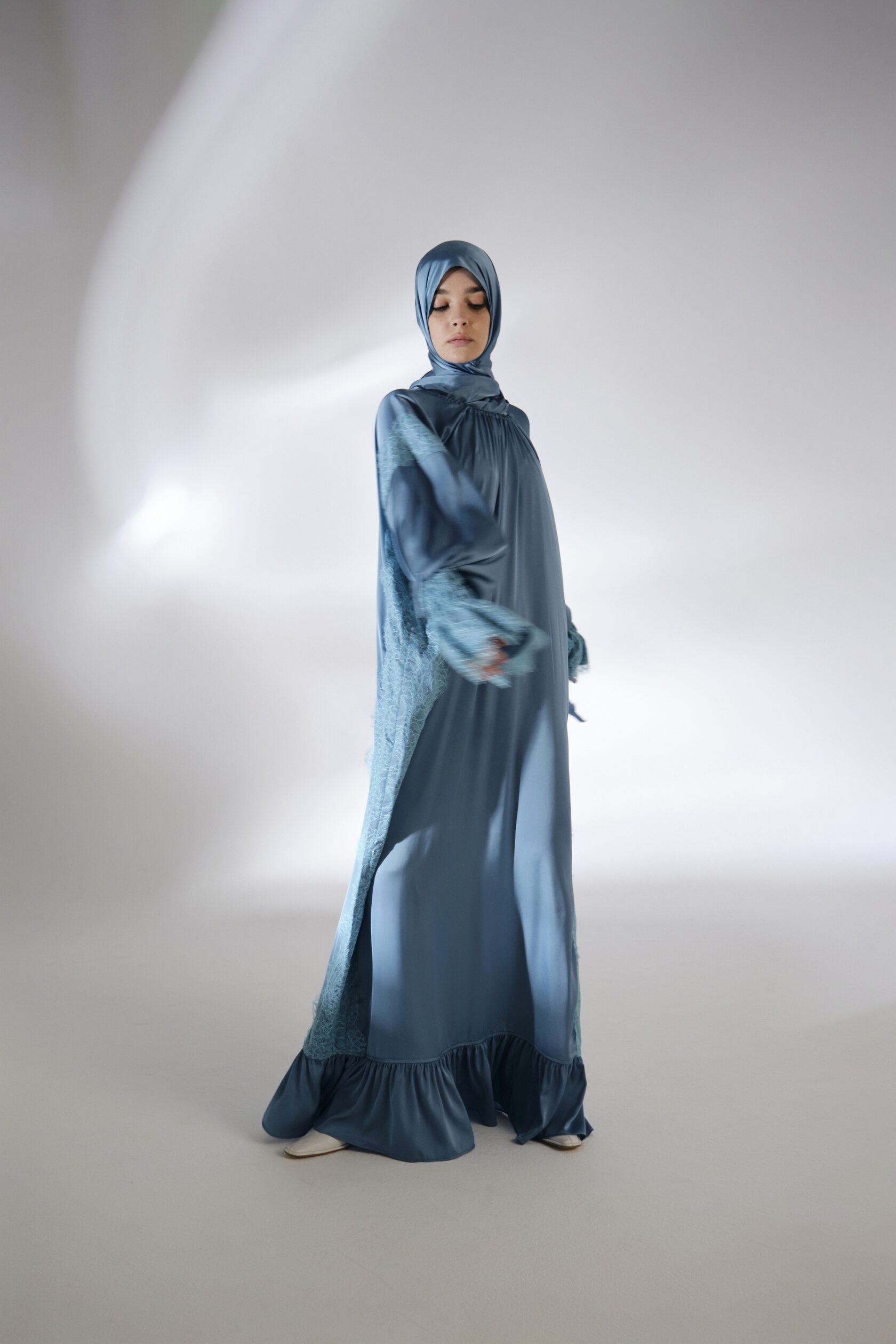 Steel Blue Silk Lace Maxi Dress with Hijab