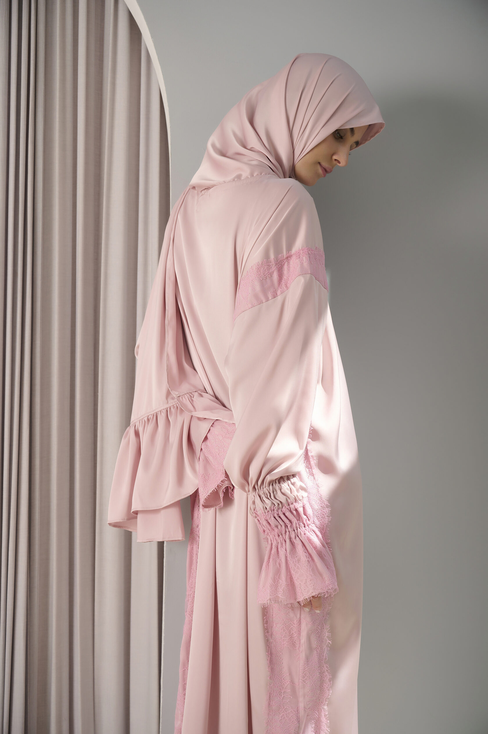 Blush Pink Silk Lace Maxi Dress with Bell Sleeves