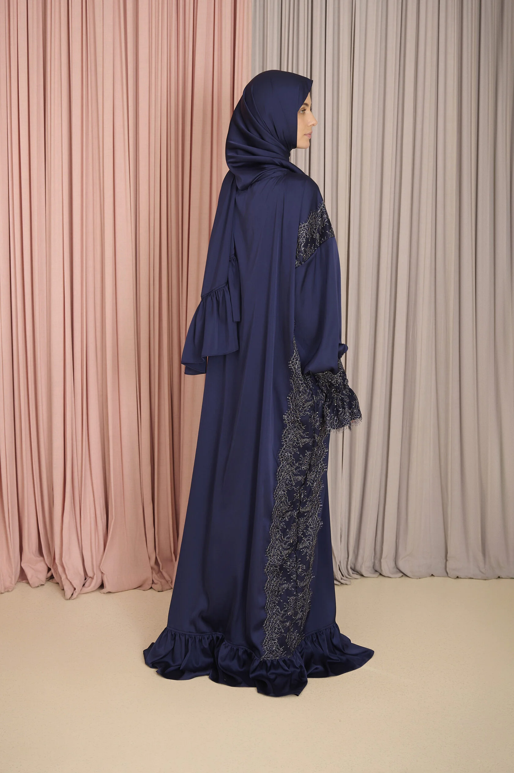 Navy Silk Maxi Dress with Silver Lace Detail