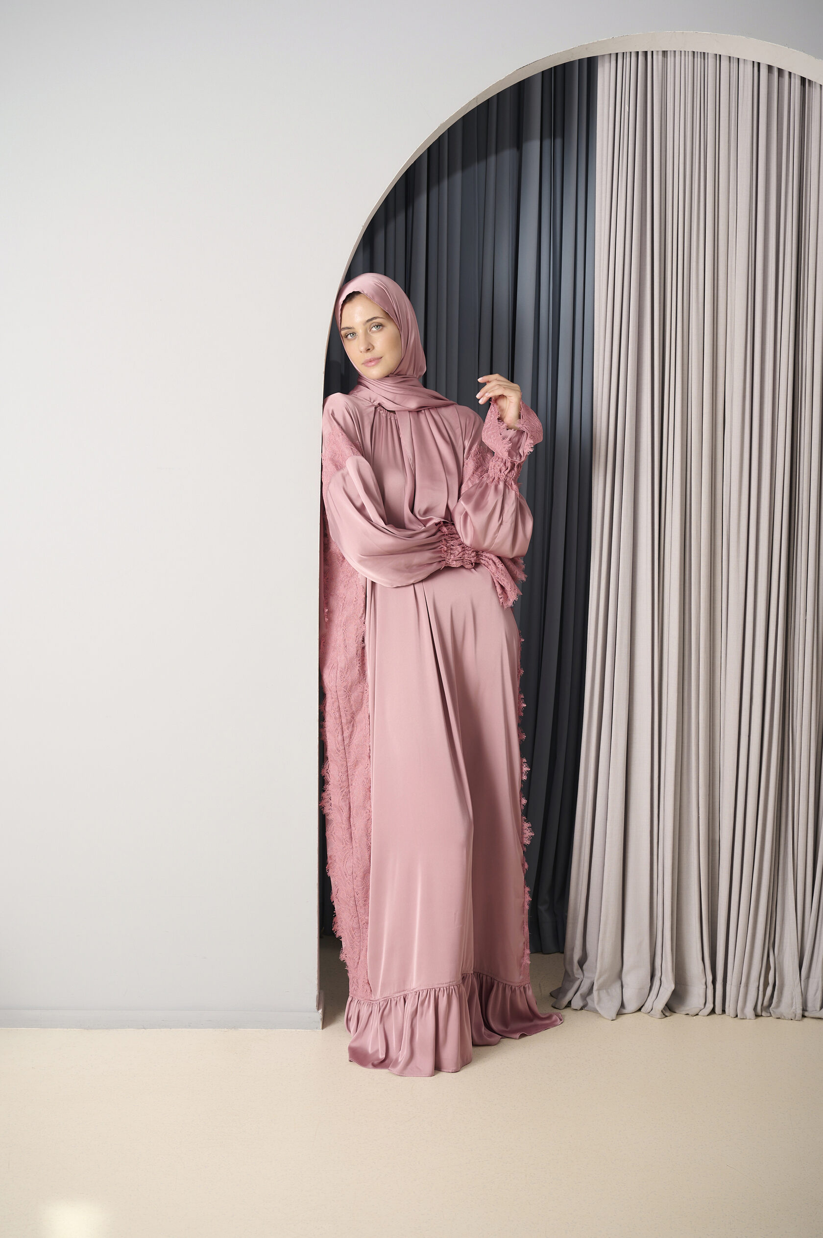 Mauve Rose Silk Lace Maxi Dress with Ruffle Hem