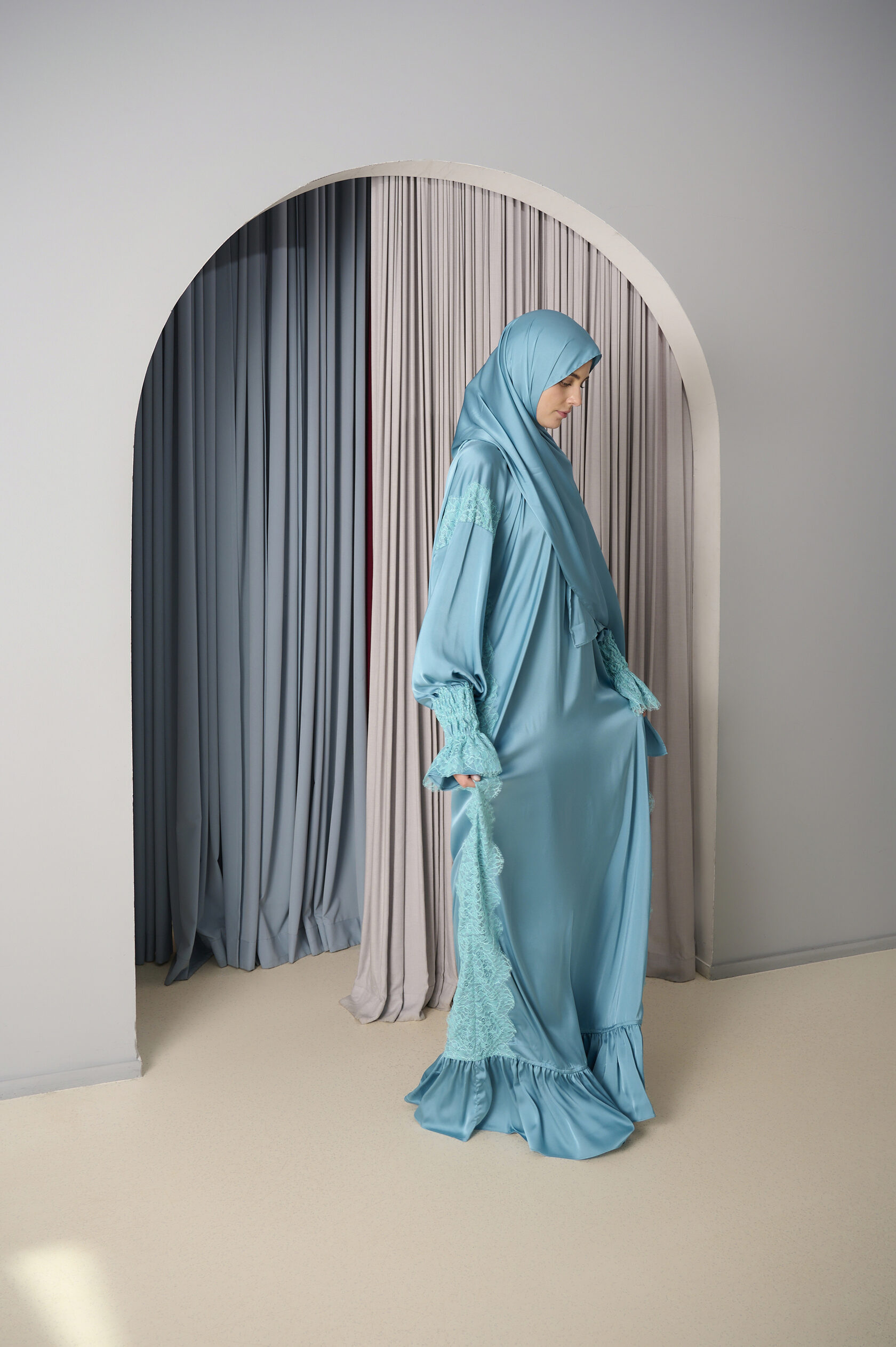 Turquoise Silk Lace Maxi Dress with Ruffle Hem