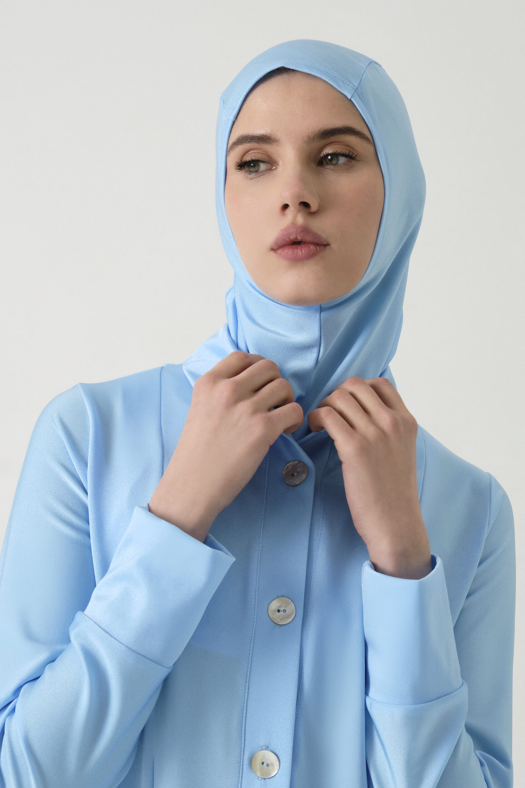 Full-Cover Button-Front Burkini Set - Baby Blue