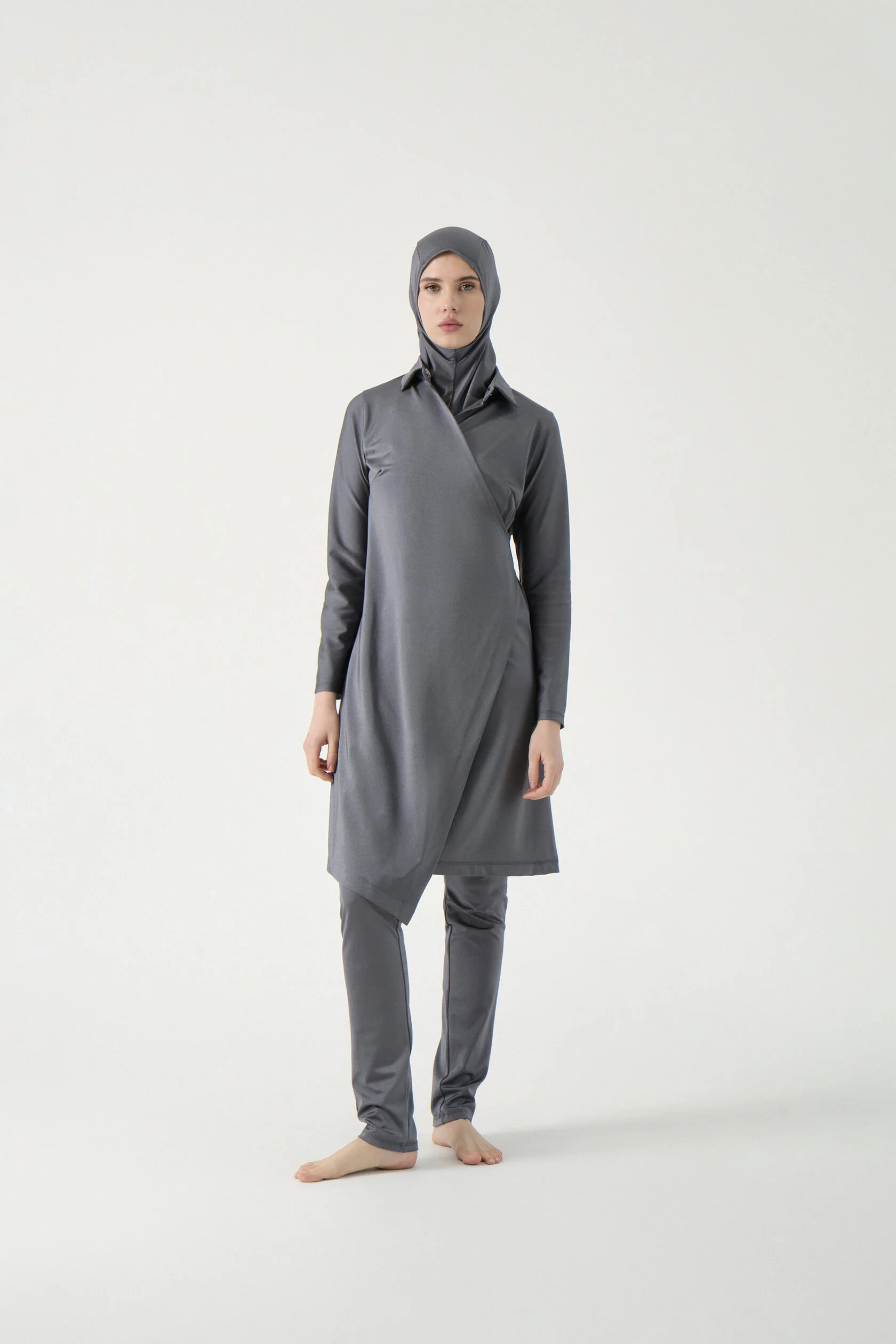 Wrap-Front Three-Piece Burkini - Charcoal Grey