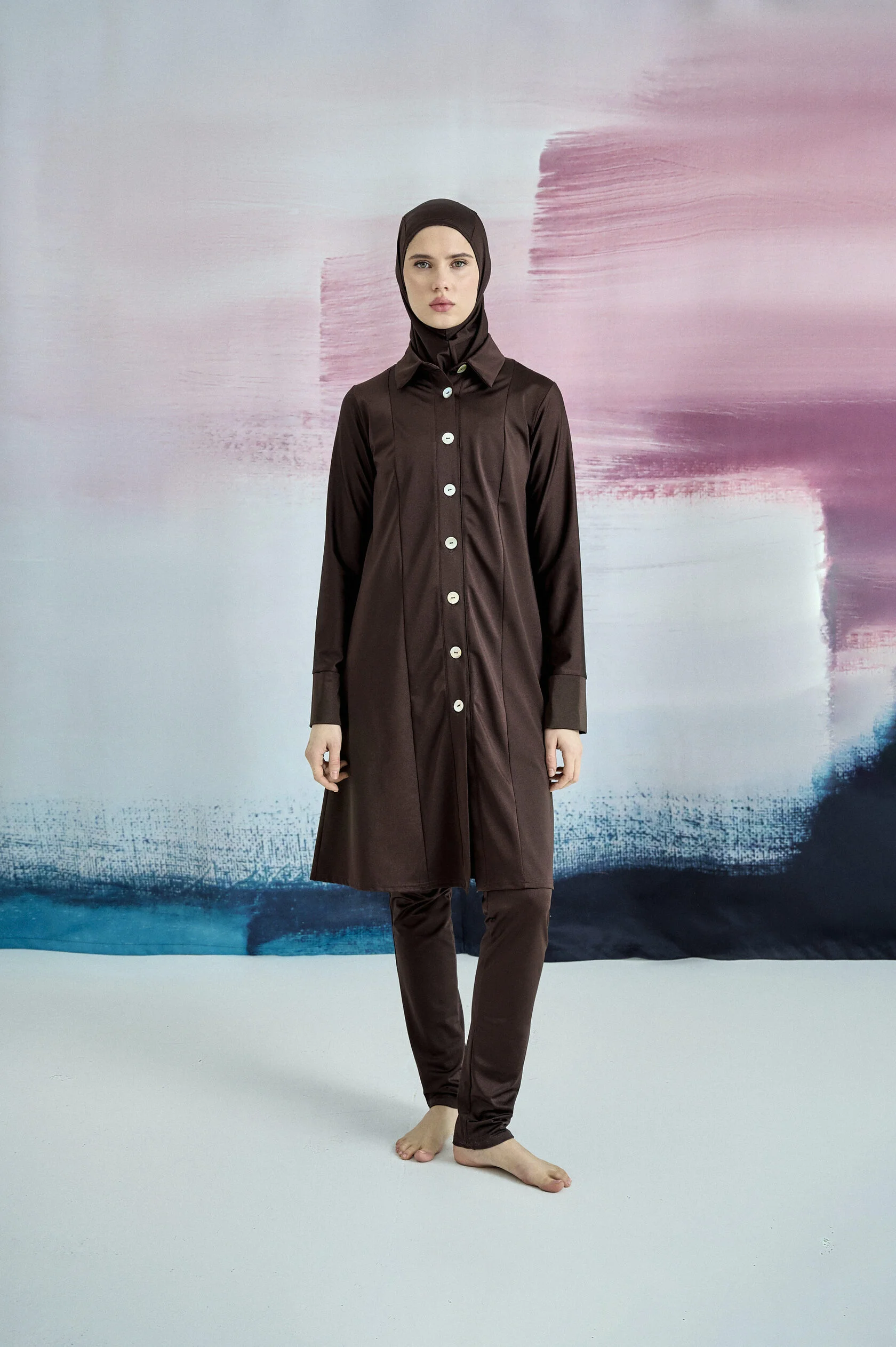 Three-Piece Button-Front Burkini - Chocolate Brown