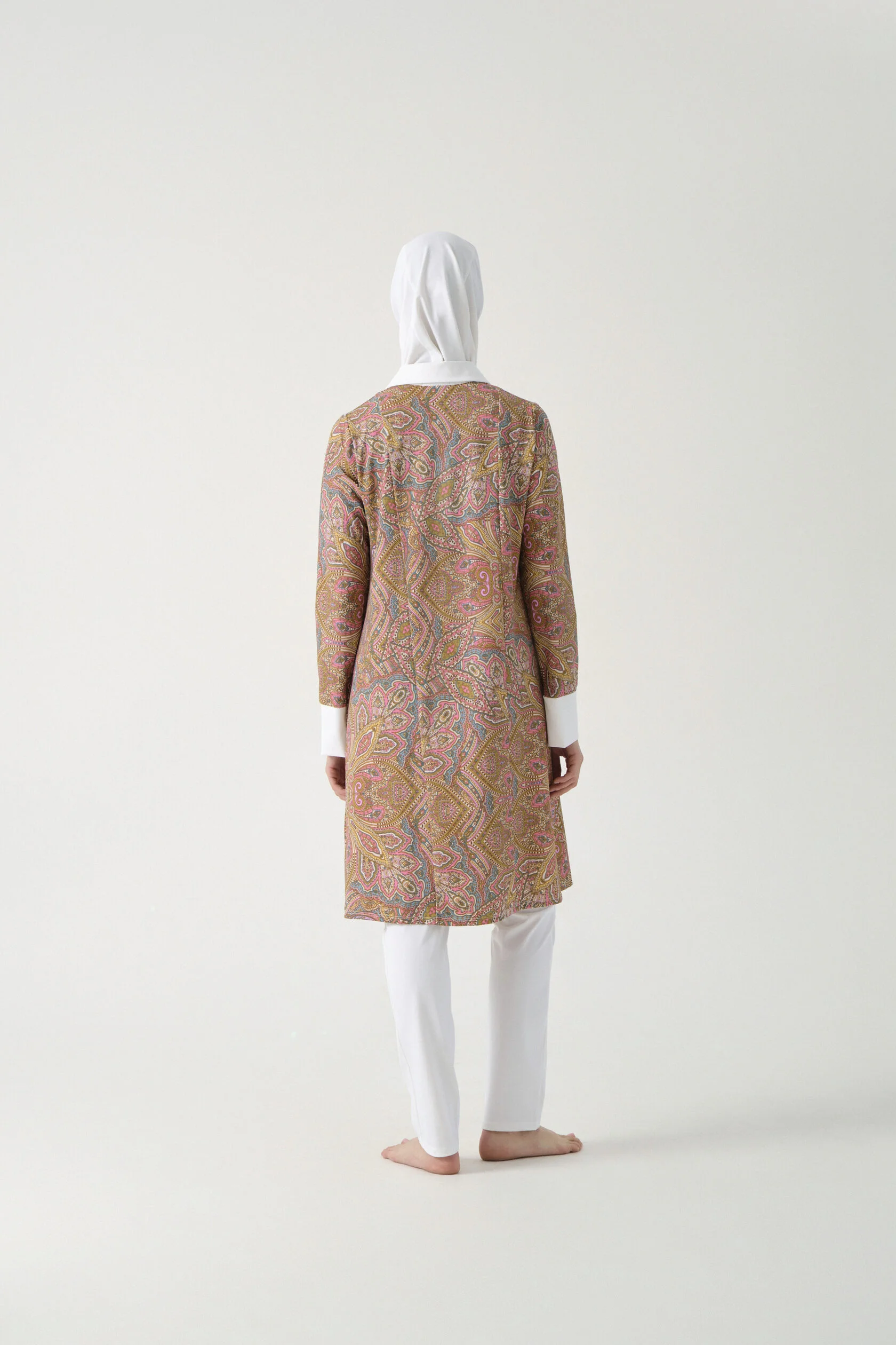 Full-Cover Burkini - Paisley Print with White Trim