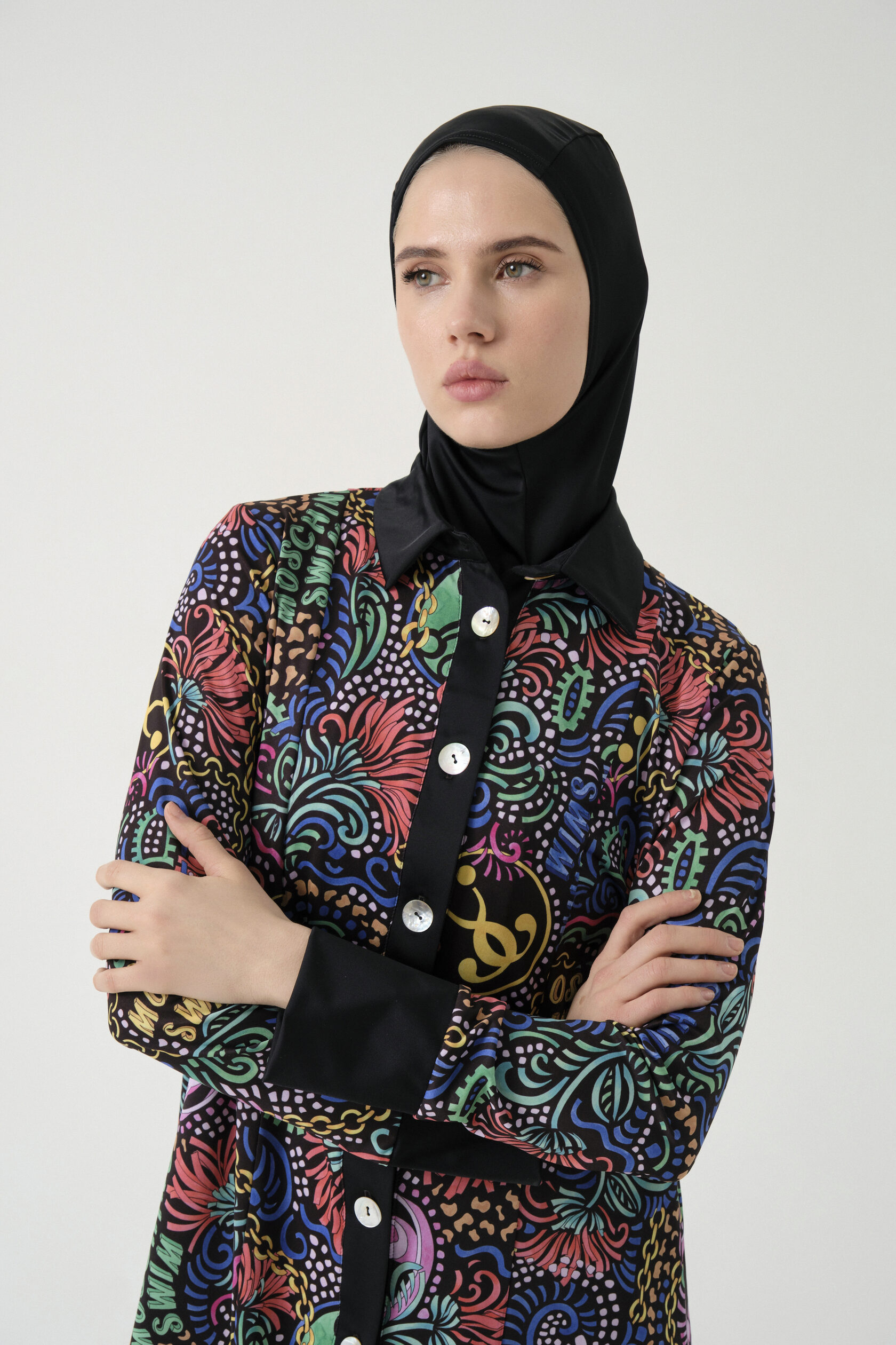 Button-Front Burkini - Black & Multicolour Print