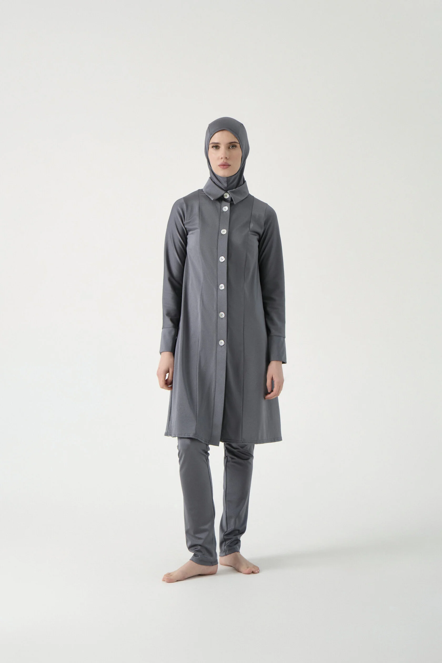 Three-Piece Button-Front Burkini - Slate Grey