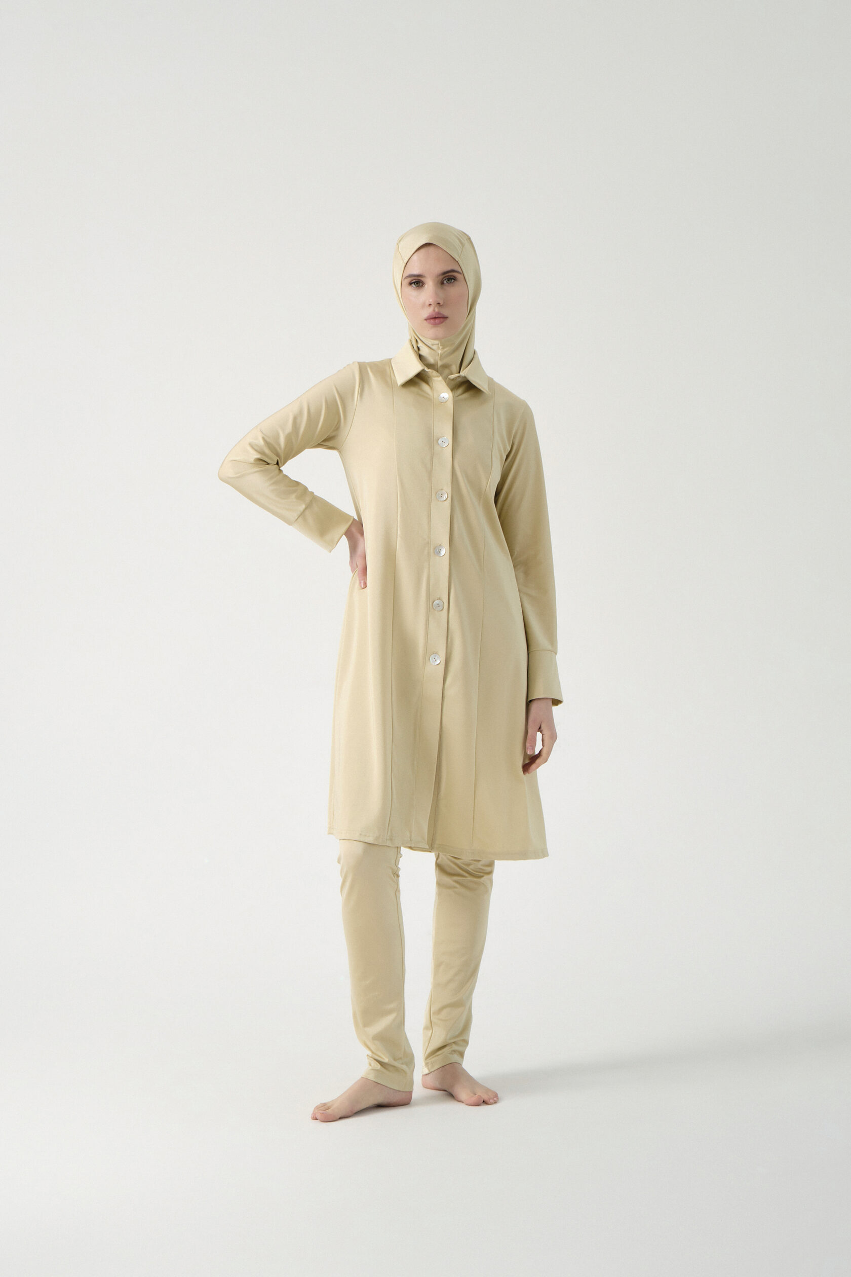 Three-Piece Button-Front Burkini - Sand Beige