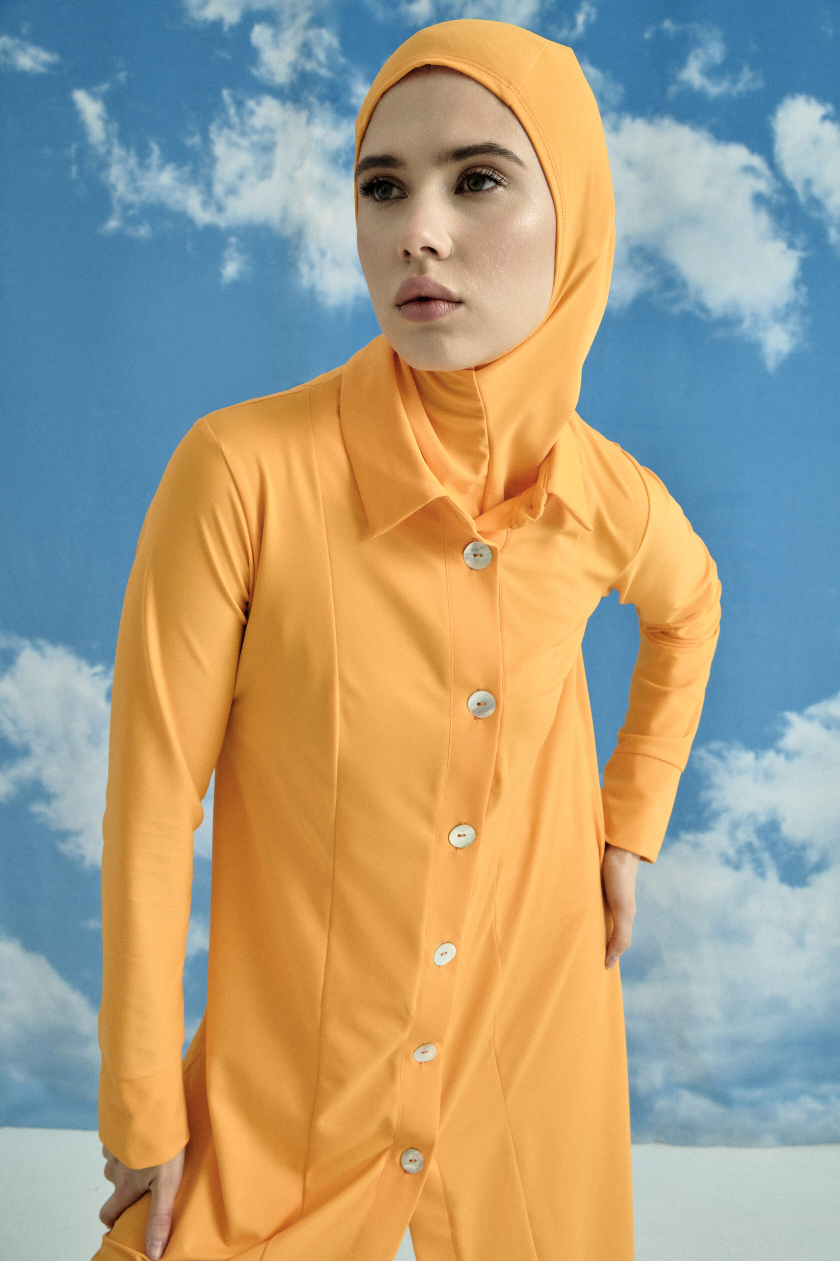 Button-Front Full-Cover Burkini - Marigold Orange