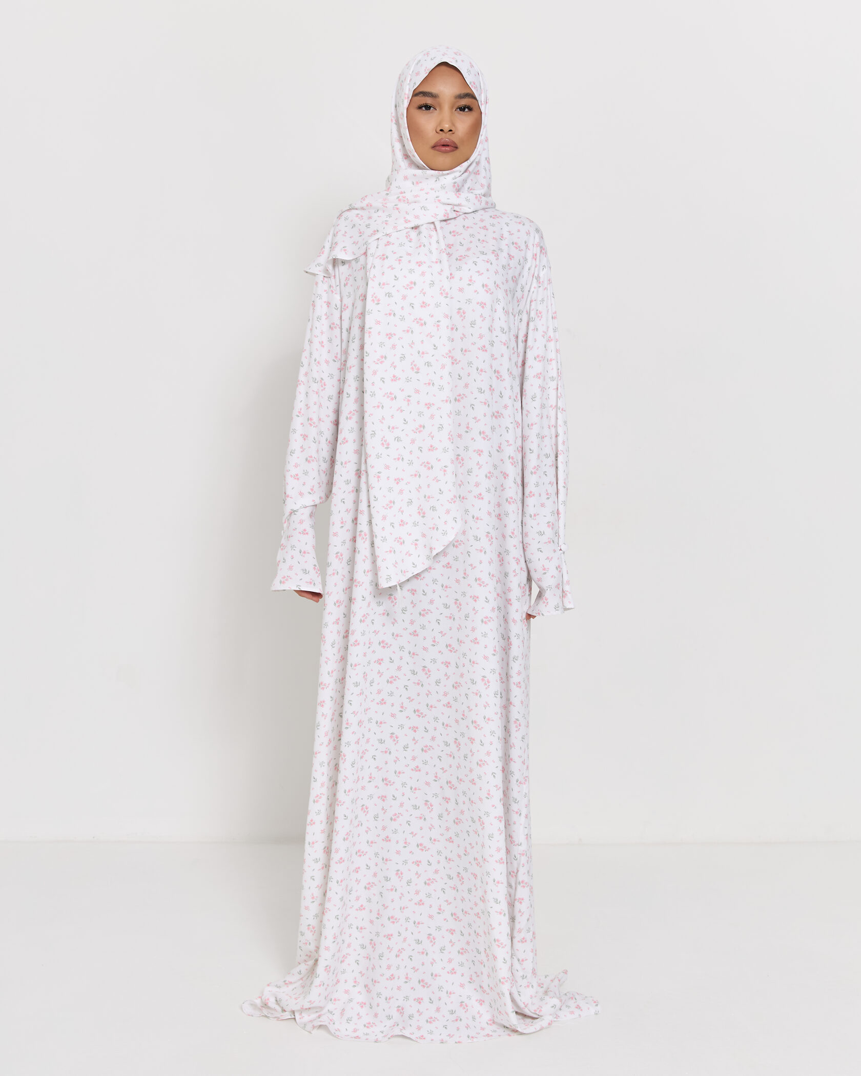 Ditsy Floral Prayer Dress – White & Pink